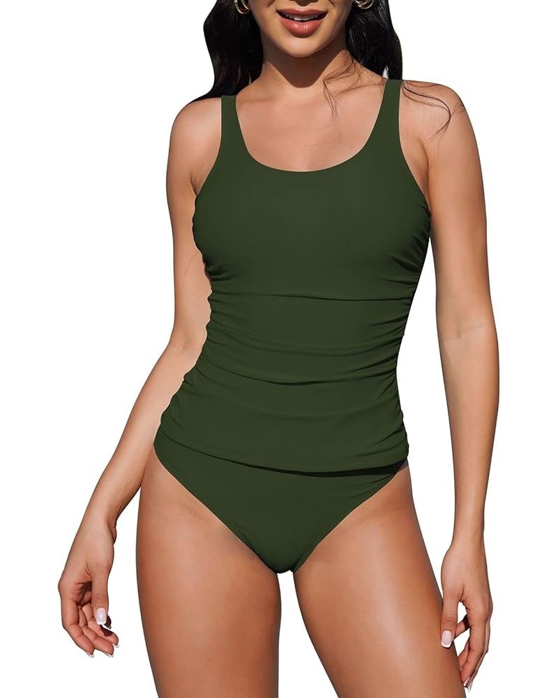 Women Two Piece Tankini Swimsuit Tummy Control Bathing Suit Ruched Tank Top with Bikini Bottoms Army Green $20.13 Swimsuits