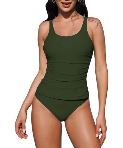 Women Two Piece Tankini Swimsuit Tummy Control Bathing Suit Ruched Tank Top with Bikini Bottoms Army Green $20.13 Swimsuits