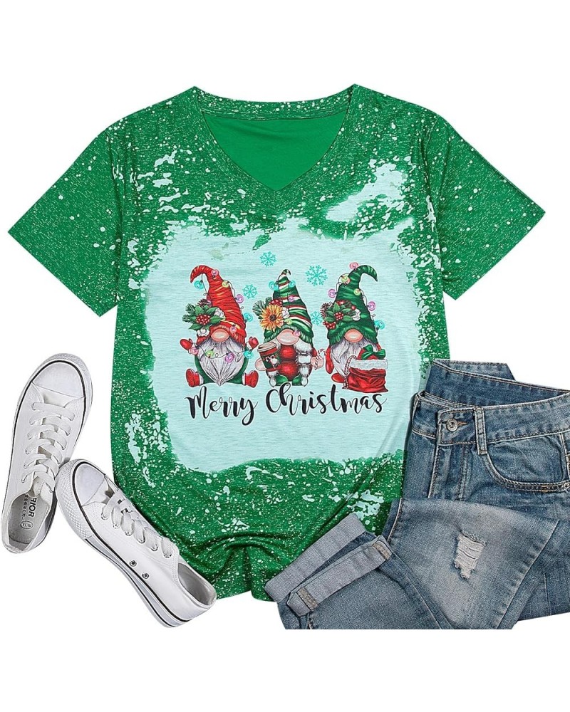 Christmas Shirt Women Christmas Gnome Print Tops Tee Short Sleeve V Neck Three Gnomes Casual Holiday Shirts Green-2 $12.95 T-...