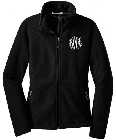 Ladies Monogrammed Fleece Jacket - Personalized Fleece Zip Up Cadet Collar in Black $31.80 Jackets