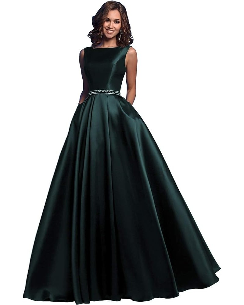 Women's A Line Satin Prom Dresses Long Ball Gown Ruched Beaded Evening Formal Party Dress with Pockets Peacock $41.80 Dresses