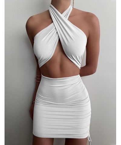 Women Sexy Club Halter Criss Cross Hollow Out Ruched Sleeveless Mini Bodycon Dresses White $14.28 Dresses