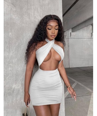 Women Sexy Club Halter Criss Cross Hollow Out Ruched Sleeveless Mini Bodycon Dresses White $14.28 Dresses