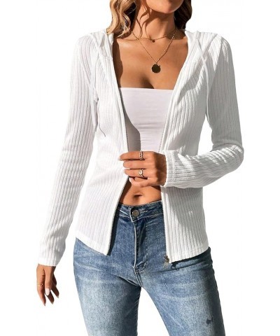 Women's Casual Ribbed Knit Zip Up Long Sleeve Drawstring Hooded Jacket Workout Outerwear White $18.01 Jackets