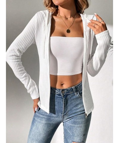 Women's Casual Ribbed Knit Zip Up Long Sleeve Drawstring Hooded Jacket Workout Outerwear White $18.01 Jackets