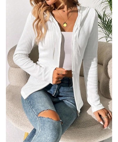 Women's Casual Ribbed Knit Zip Up Long Sleeve Drawstring Hooded Jacket Workout Outerwear White $18.01 Jackets