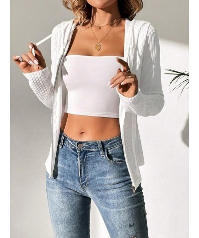 Women's Casual Ribbed Knit Zip Up Long Sleeve Drawstring Hooded Jacket Workout Outerwear White $18.01 Jackets