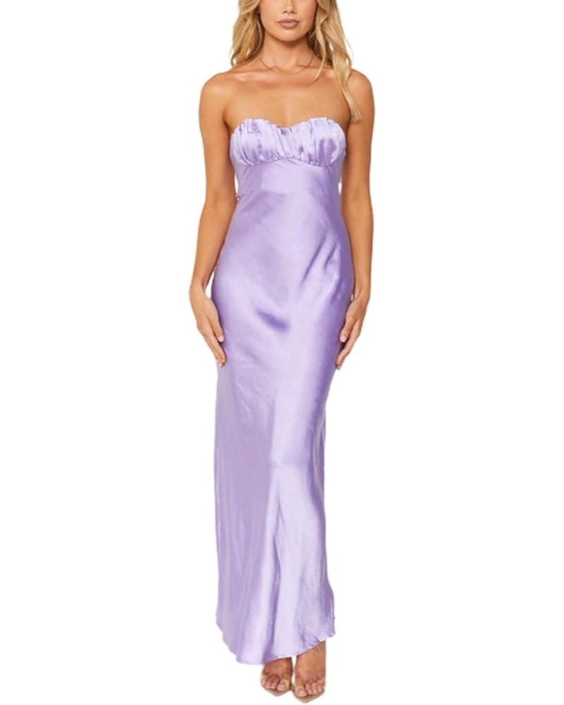 Strapless Maxi Dress for Women Summer Satin Tube Top Backless Bodycon Long Dress Chic Wedding Cocktail Party Dress Purple $14...