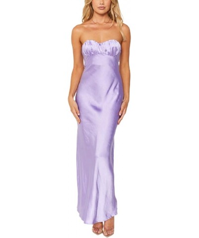 Strapless Maxi Dress for Women Summer Satin Tube Top Backless Bodycon Long Dress Chic Wedding Cocktail Party Dress Purple $14...