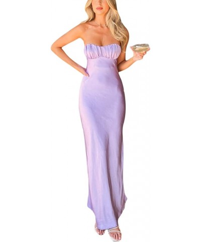 Strapless Maxi Dress for Women Summer Satin Tube Top Backless Bodycon Long Dress Chic Wedding Cocktail Party Dress Purple $14...