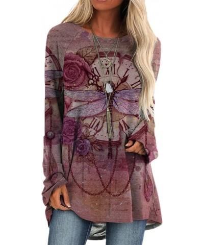 Vintage Flora Dragonfly Print Tunic Long Sleeve Shirts for Women, Casual Fashion Womens Crewneck Pullover Blouses Purplish Re...