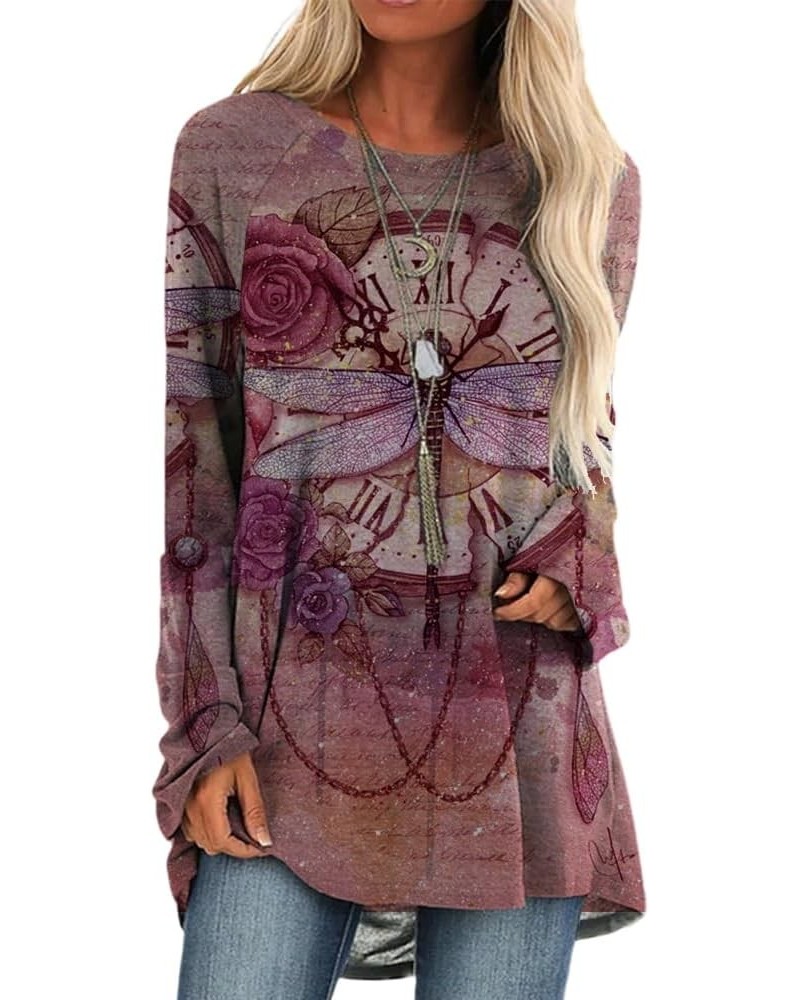 Vintage Flora Dragonfly Print Tunic Long Sleeve Shirts for Women, Casual Fashion Womens Crewneck Pullover Blouses Purplish Re...