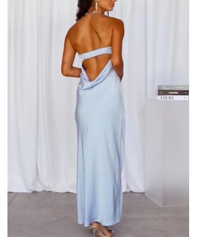 Satin Silk Backless Tube Tops Maxi Dress for Women Low Back Hollow Out Elegant Strapless Long Dresses Wedding Guest Blue $27....