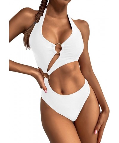 Women's O-Ring Cutout Halter One Piece Swimsuit High Cut Bathing Suit White B $17.86 Swimsuits