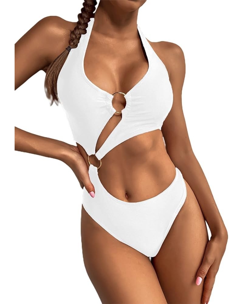 Women's O-Ring Cutout Halter One Piece Swimsuit High Cut Bathing Suit White B $17.86 Swimsuits