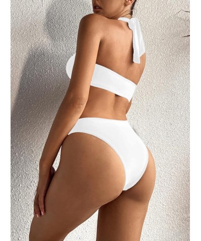 Women's O-Ring Cutout Halter One Piece Swimsuit High Cut Bathing Suit White B $17.86 Swimsuits