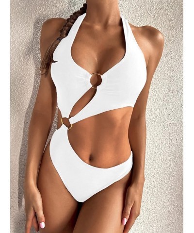 Women's O-Ring Cutout Halter One Piece Swimsuit High Cut Bathing Suit White B $17.86 Swimsuits