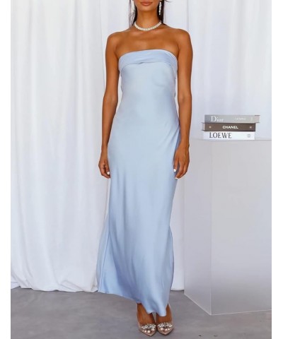 Satin Silk Backless Tube Tops Maxi Dress for Women Low Back Hollow Out Elegant Strapless Long Dresses Wedding Guest Blue $27....