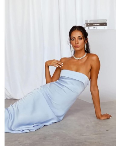 Satin Silk Backless Tube Tops Maxi Dress for Women Low Back Hollow Out Elegant Strapless Long Dresses Wedding Guest Blue $27....