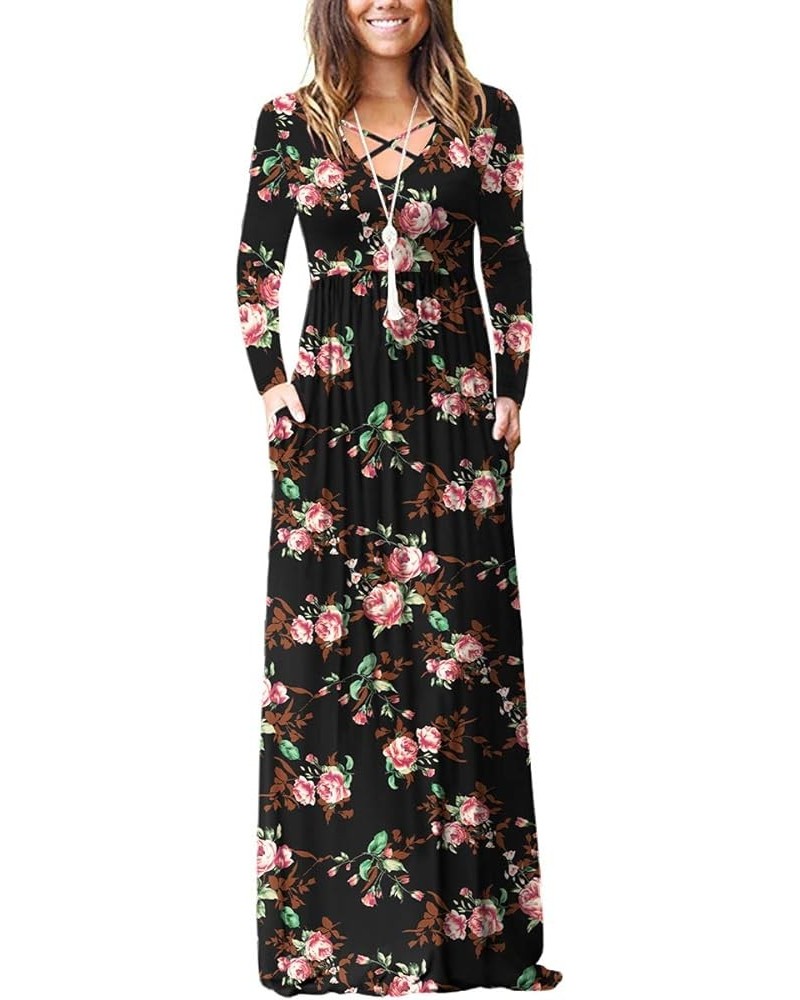 Women's Long Sleeve Loose Plain Maxi Dresses Casual Long Dresses with Pockets 01 Flower Rose Black $12.68 Dresses