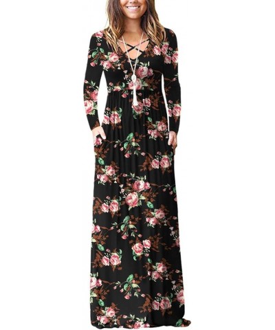 Women's Long Sleeve Loose Plain Maxi Dresses Casual Long Dresses with Pockets 01 Flower Rose Black $12.68 Dresses