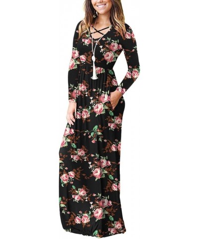 Women's Long Sleeve Loose Plain Maxi Dresses Casual Long Dresses with Pockets 01 Flower Rose Black $12.68 Dresses