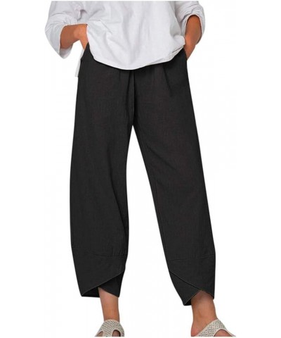 Women's Casual Cotton Linen Pants Summer Ankle Pants Smocked Elastic Boho Flowy Trousers Beach Pants with Pockets Black $17.9...