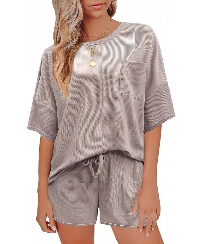 Pajamas Womens Waffle Knit Lounge Set Short Sleeve Top and Shorts 2 Piece Loungewear Outfits with Pockets Light Khaki $14.28 ...