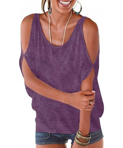 Women's Summer Cold Shoulder Short Sleeve Loose Dolman Blouse Top Purple0123 $11.01 Tanks