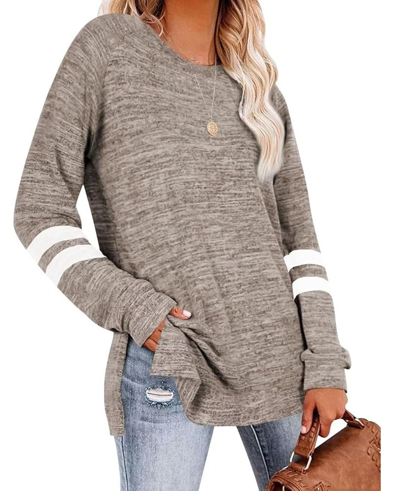 Womens Long Sleeve T Shirt Color Block Pullover Crew Neck Loose Comfy Casual Tops 5004-coffee $14.08 Tops