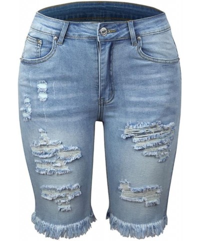 Kwoki Women's Mid Rise Denim Ripped Shorts Stretchy Distressed Knee Length Short Jeans Blue $16.66 Shorts