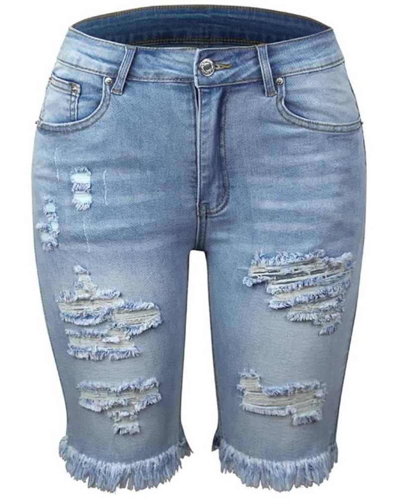 Kwoki Women's Mid Rise Denim Ripped Shorts Stretchy Distressed Knee Length Short Jeans Blue $16.66 Shorts