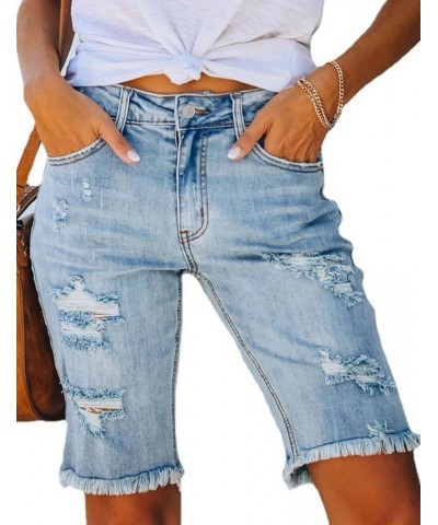 Kwoki Women's Mid Rise Denim Ripped Shorts Stretchy Distressed Knee Length Short Jeans Blue $16.66 Shorts