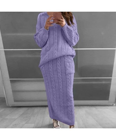 Women's Winter Chunky Cable Knit Set Long Sleeve Crew Neck Sweater Top & Long Pencil Skirt Sets Casual 2 Piece Outfits Purple...