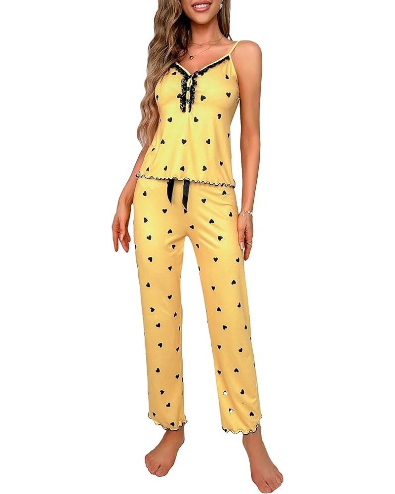 Women's Heart Print Sleepwear Lace Trim Bow Cami and Pants Pajama Set Yellow $17.99 Sleep & Lounge