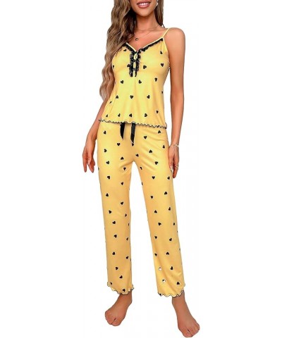 Women's Heart Print Sleepwear Lace Trim Bow Cami and Pants Pajama Set Yellow $17.99 Sleep & Lounge