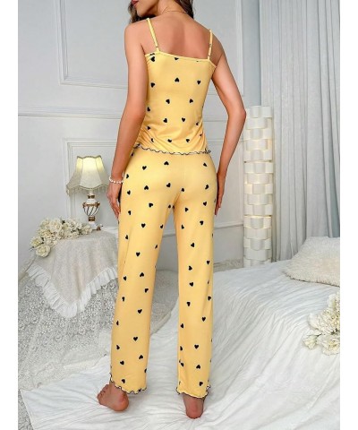 Women's Heart Print Sleepwear Lace Trim Bow Cami and Pants Pajama Set Yellow $17.99 Sleep & Lounge