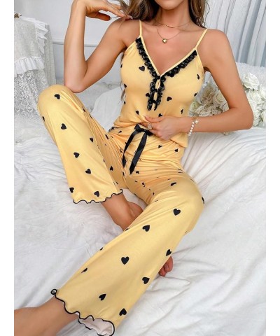 Women's Heart Print Sleepwear Lace Trim Bow Cami and Pants Pajama Set Yellow $17.99 Sleep & Lounge