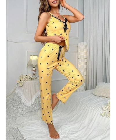 Women's Heart Print Sleepwear Lace Trim Bow Cami and Pants Pajama Set Yellow $17.99 Sleep & Lounge