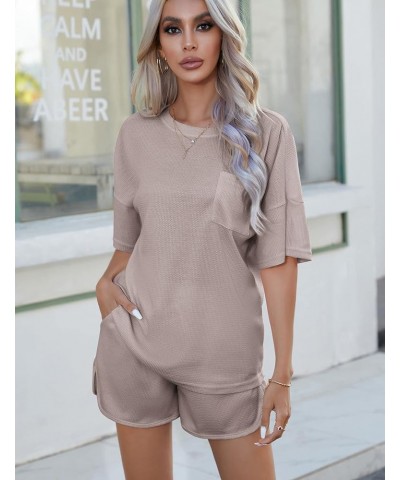 Pajamas Womens Waffle Knit Lounge Set Short Sleeve Top and Shorts 2 Piece Loungewear Outfits with Pockets Light Khaki $14.28 ...