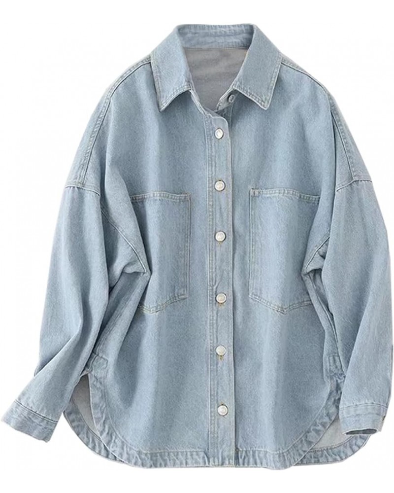 Women Denim Jacket Shacket Long Sleeve Oversize Boyfriend Jean Jacket Shirt Light Blue $24.17 Jackets