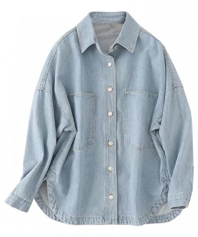 Women Denim Jacket Shacket Long Sleeve Oversize Boyfriend Jean Jacket Shirt Light Blue $24.17 Jackets