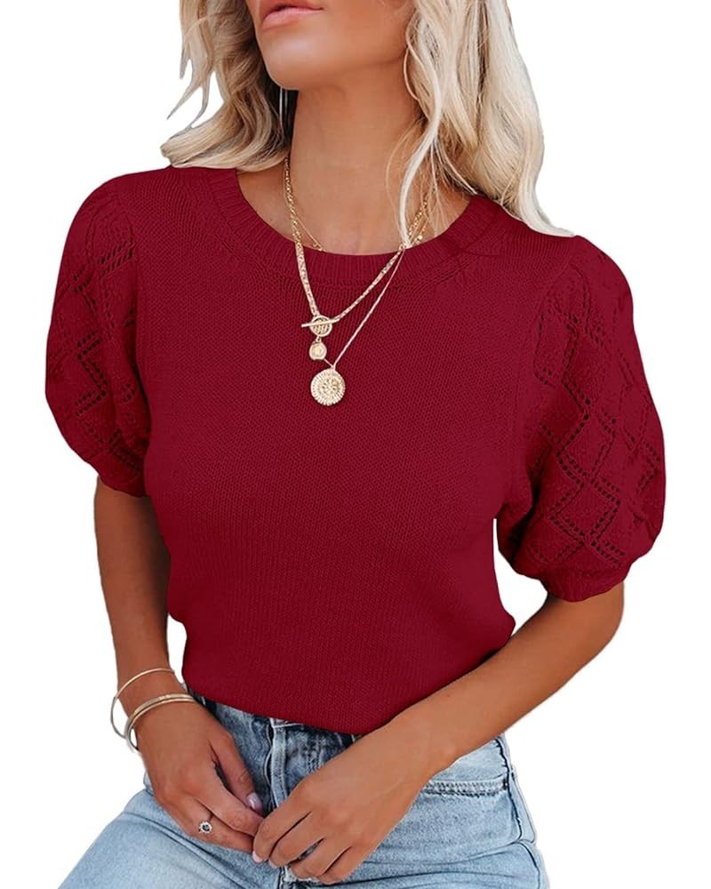 Womens Short Sleeve Sweaters Crewneck Knit Pullover Tops 2024 Spring Casual Lightweight Crochet Blouse Shirt Maroon $18.00 Sw...