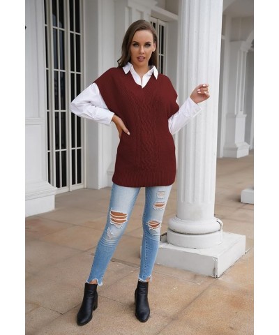 Women's Oversized V Neck Knit Sweater Vest Tunic Sleeveless Pullover Top 2-red $20.79 Sweaters