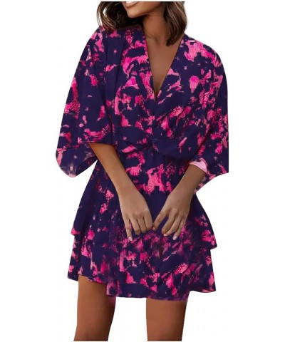 Women's Sport Dress V-Neck Loose Batwing Sleeve Elastic Waist Printed Dress Mini Plus Size Summer Dresses Purple $8.17 Dresses