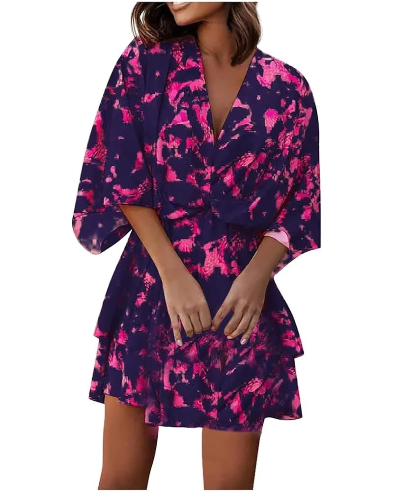 Women's Sport Dress V-Neck Loose Batwing Sleeve Elastic Waist Printed Dress Mini Plus Size Summer Dresses Purple $8.17 Dresses