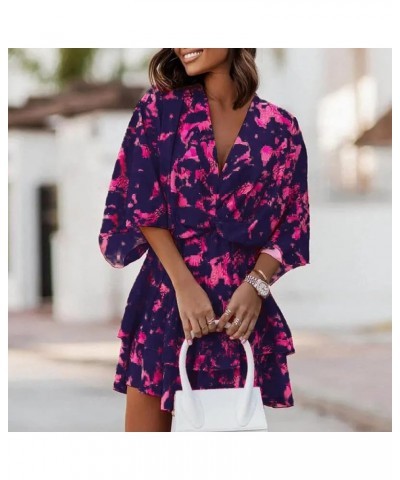 Women's Sport Dress V-Neck Loose Batwing Sleeve Elastic Waist Printed Dress Mini Plus Size Summer Dresses Purple $8.17 Dresses