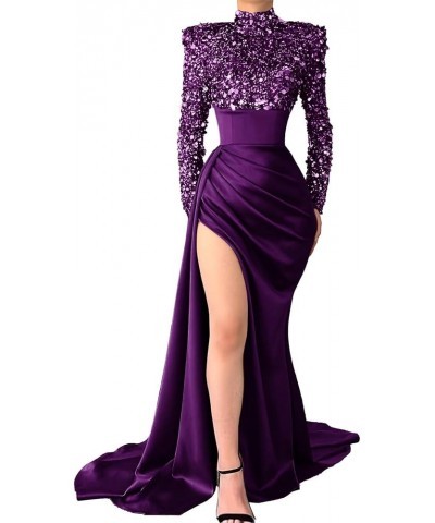 Sequin Mermaid Prom Dresses 2024 Long Sleeve Satin Sparkly High Neck Evening Formal Wedding Party Gown with Slit Y-plum $42.7...