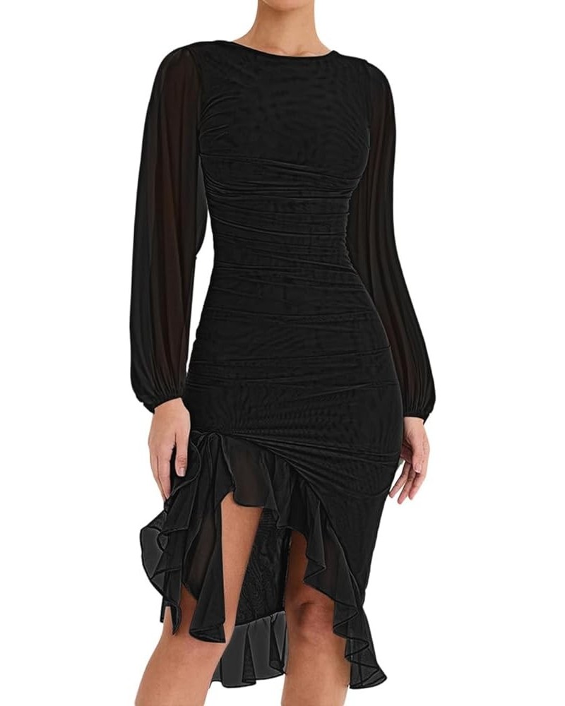 Womens Ruched Bodycon Ruffle Midi Dress Mesh Long Sleeve Elegant Wedding Cocktail Party Dresses Black $14.99 Dresses