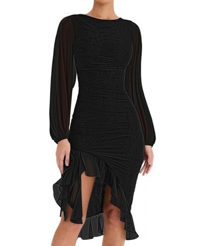 Womens Ruched Bodycon Ruffle Midi Dress Mesh Long Sleeve Elegant Wedding Cocktail Party Dresses Black $14.99 Dresses